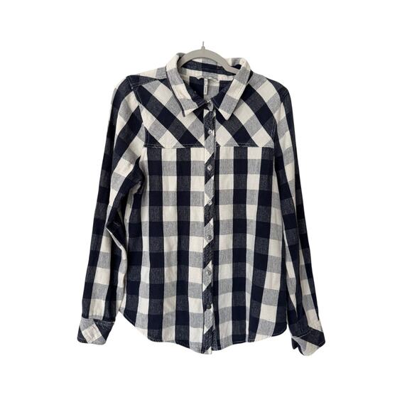BKE Tops - BKE‎ Womens Eased Navy Blue and White Plaid Textured Cotton Button Down Shirt Lg